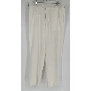 Mens Trouser Pant Linen Ivory Flat Front Sz 38 Black Stitch Detail Beach Wedding